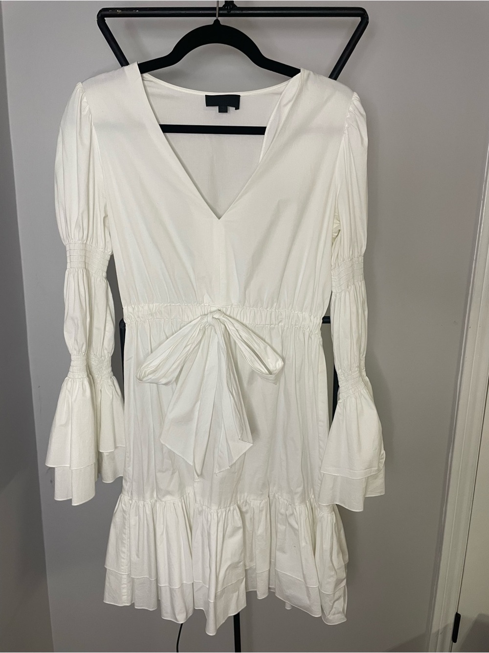 INTERMIX White V-Neck Tie-Waist Ruffle Mini Dress